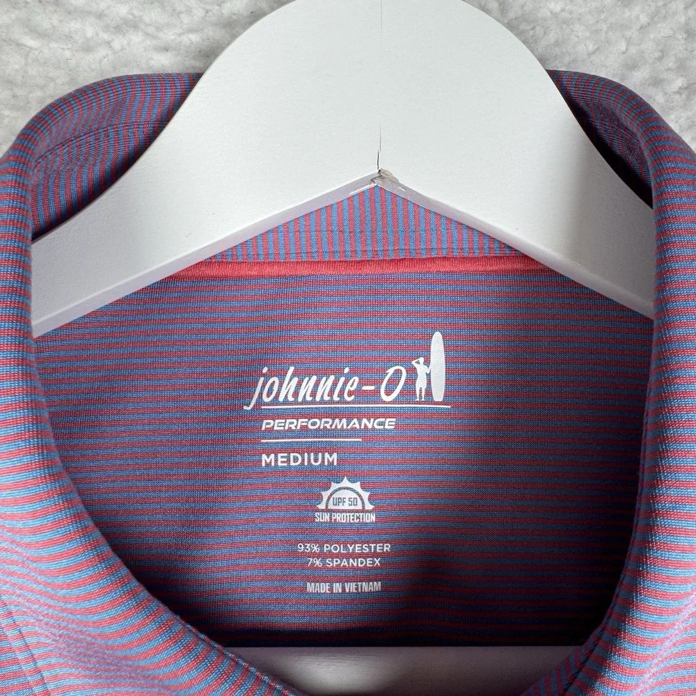 JOHNNIE-O Perfromance Golf Polo Striped Red Blue -M- Native American Head 1924